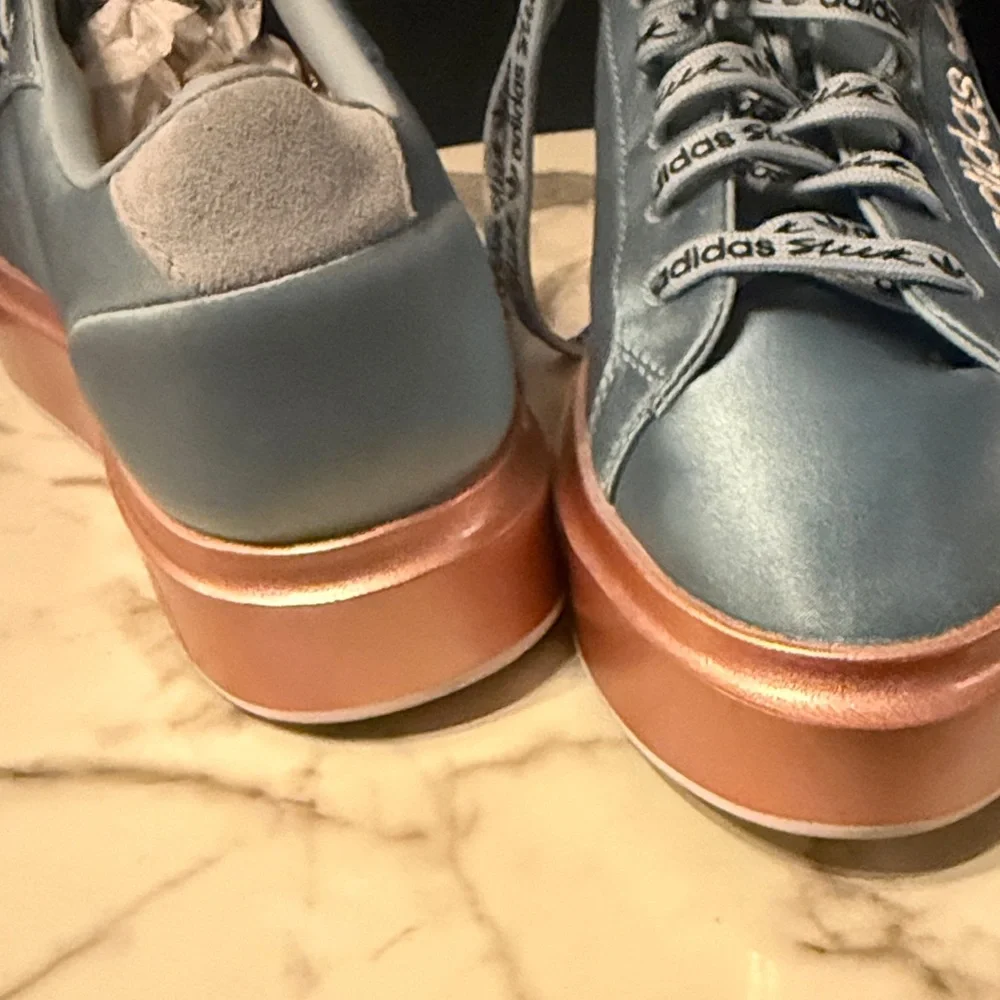 adidas Light Blue Satin Platform Sneakers with Rose Gold Sole - Picture 3 of 4